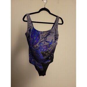 Great Lengths Black Blue Floral One Piece Swimsuit Bathing Suit Sz 14